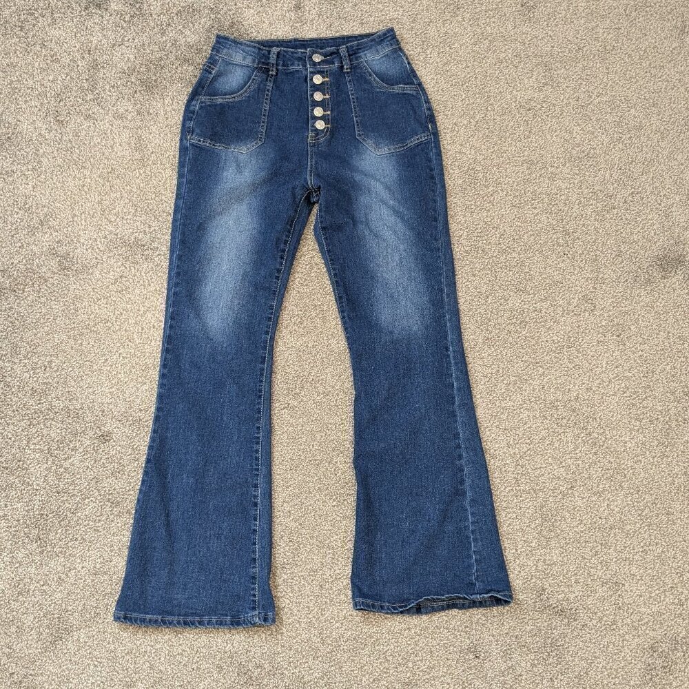 Blue Denim High Rise Button-Fly Flare Leg Jeans; Girl's Size M